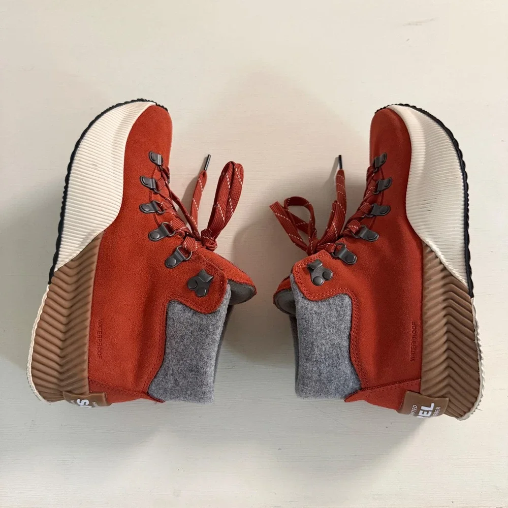 Sorel Out N About III Conquest Waterproof Suede Boots Burnt Orange Grey Womens